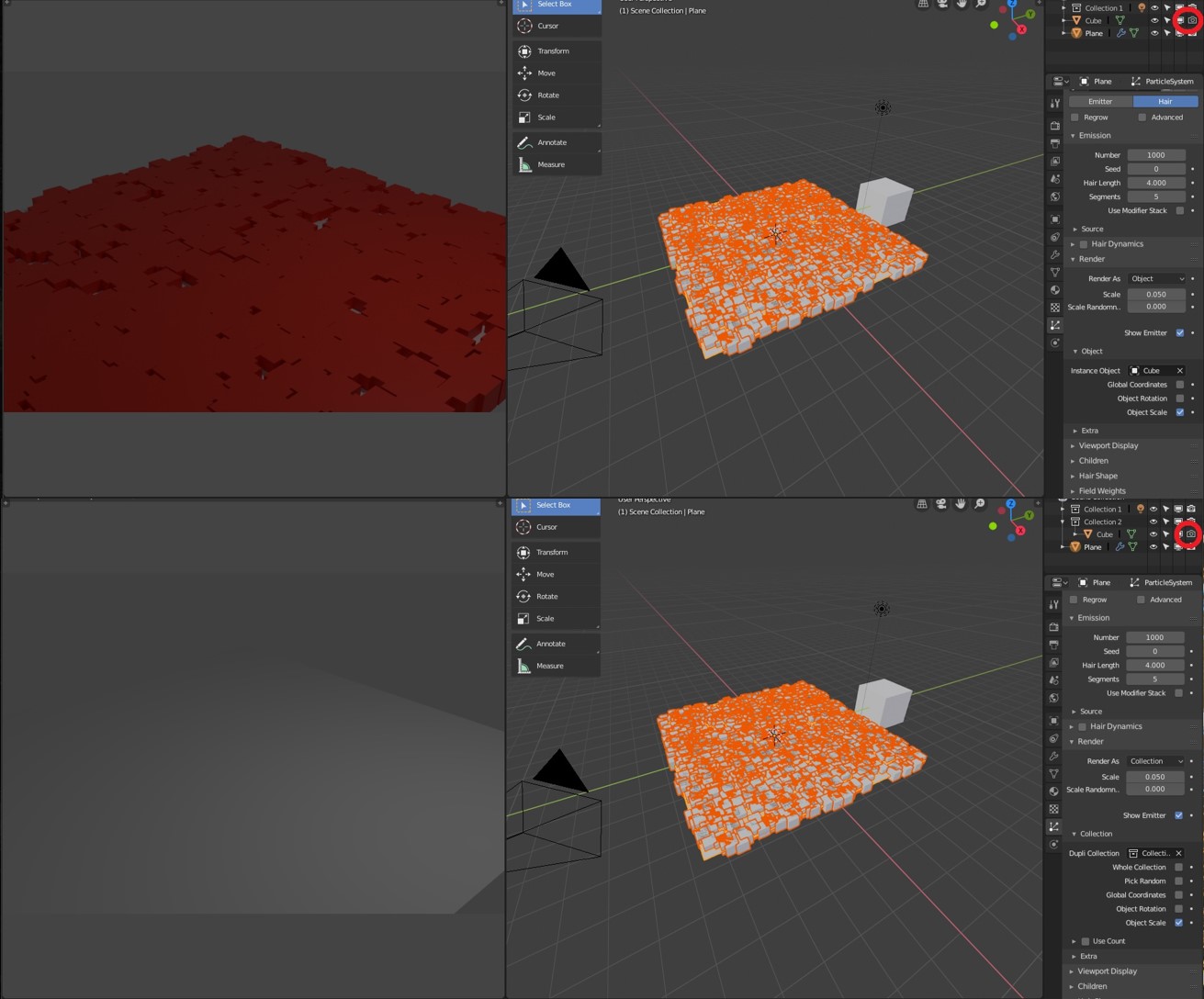 Blender 2.8 particle system using a collection, need objects to be enabled for rendering - User Feedback Developer Forum