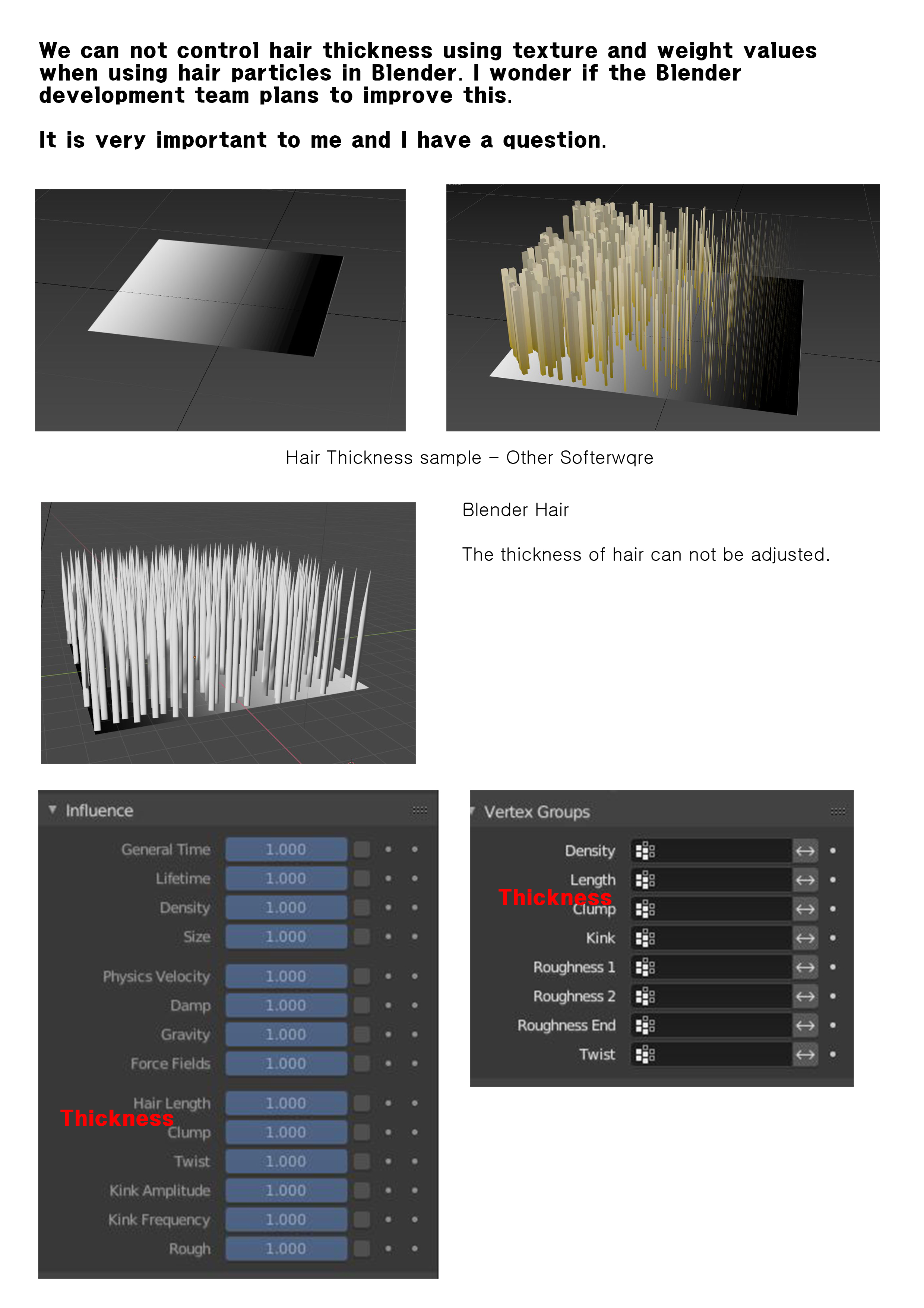 Blender particle hair thickness controll - Texture or waight - User  Feedback - Developer Forum